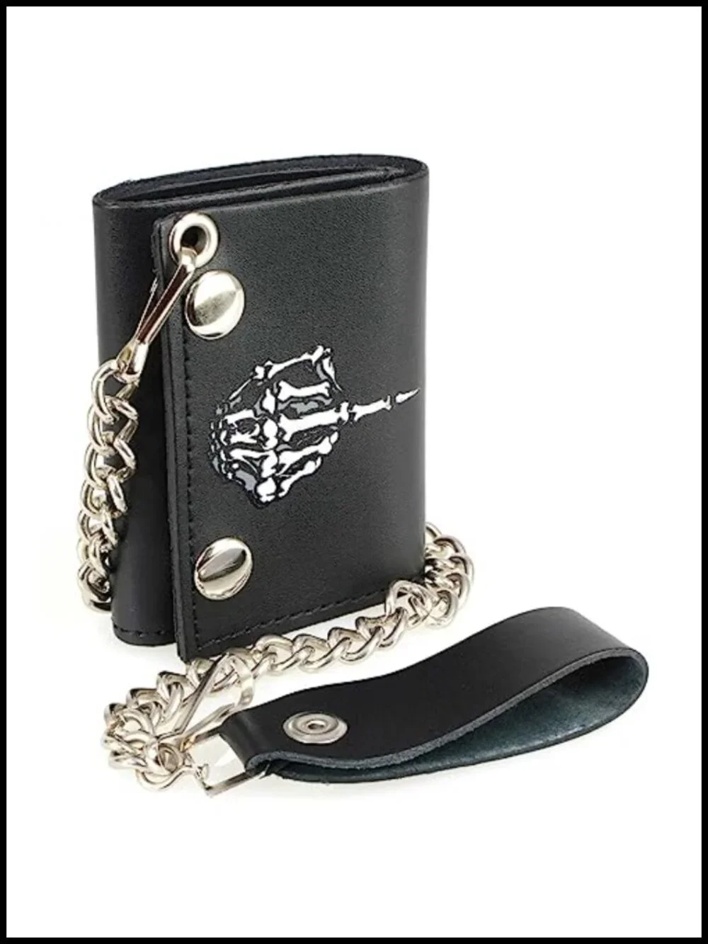 Men's Full-Grain Leather Tri-Fold Biker Wallet with Detachable Chain